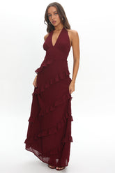 Flirt Frill Trim Halter Maxi Dress Wine