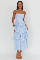 Giavana Strapless Layered Midi Dress Floral Embossed Blue