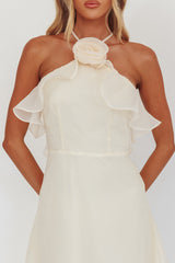 Cordially Invited Ruffle Neckline Rosette Maxi Vanilla