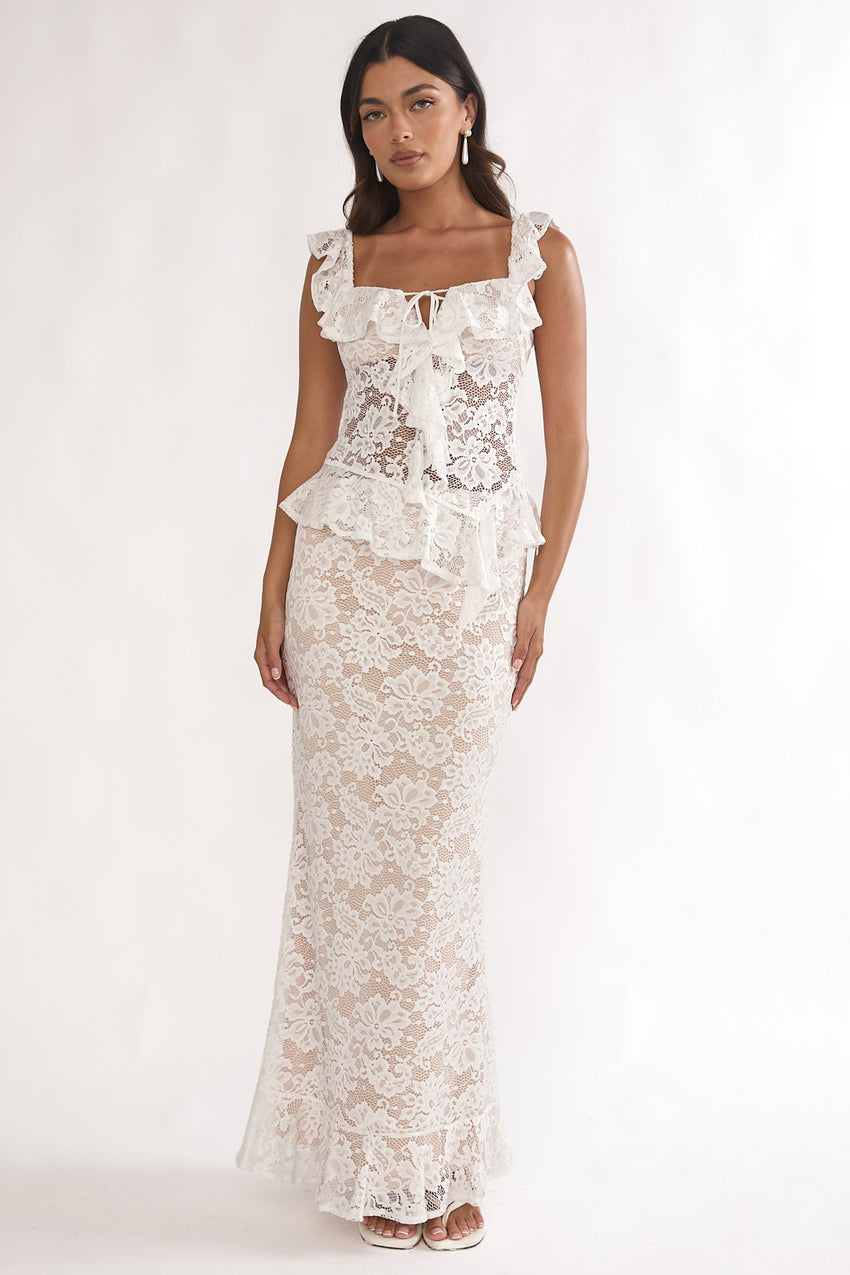 Kelina Ruffle Hem Lace Maxi Skirt White