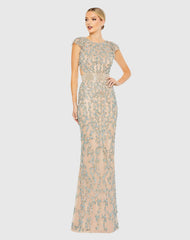 Beige Damask Sequin Embellished Open Back Lace Up Cap Sleeve Gown