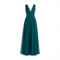 Teal Sleeveless Ruched V Neck Chiffon Gown