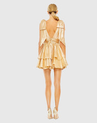 Gold Oversized Bow Deep V Ruffle Mini Dress