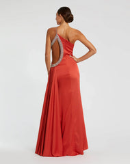 Red Jewel-Embellished Side Cut-Out A-Line Gown