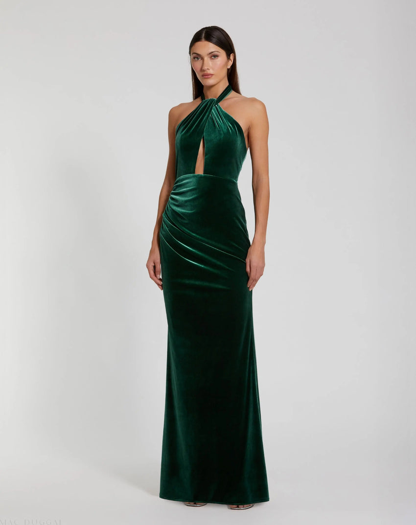 Green Twist Neck Open Front Velvet Draped Gown