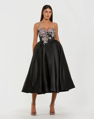 Black Satin One-Shoulder Midi Dress with Beaded Flowers
