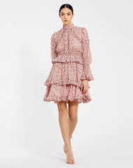 Pink Long Sleeve Mock Neck Ruffle Mini Dress