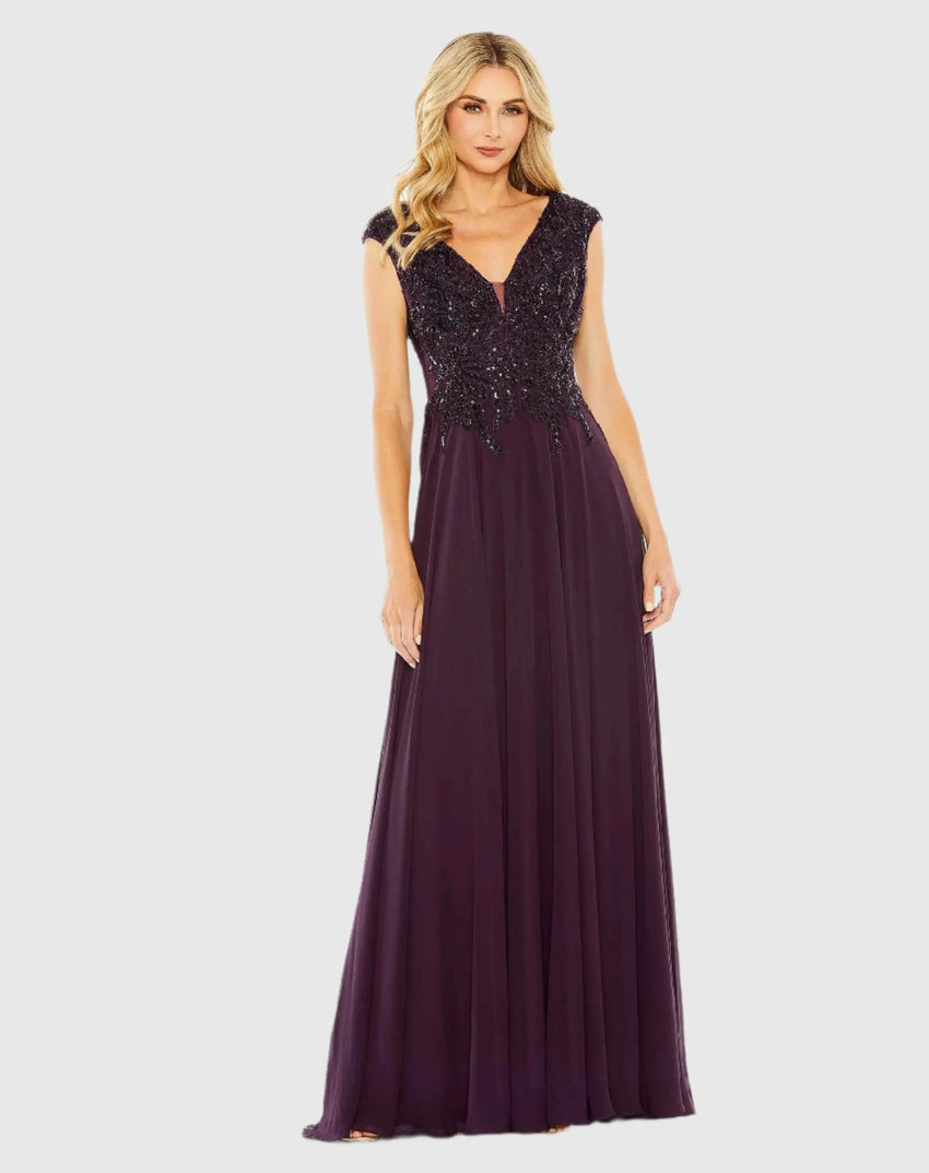 Purple Cap Sleeve Applique Bodice Flowy Gown