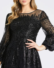 Black Jewel Encrusted Illusion Long Sleeve A Line Gown