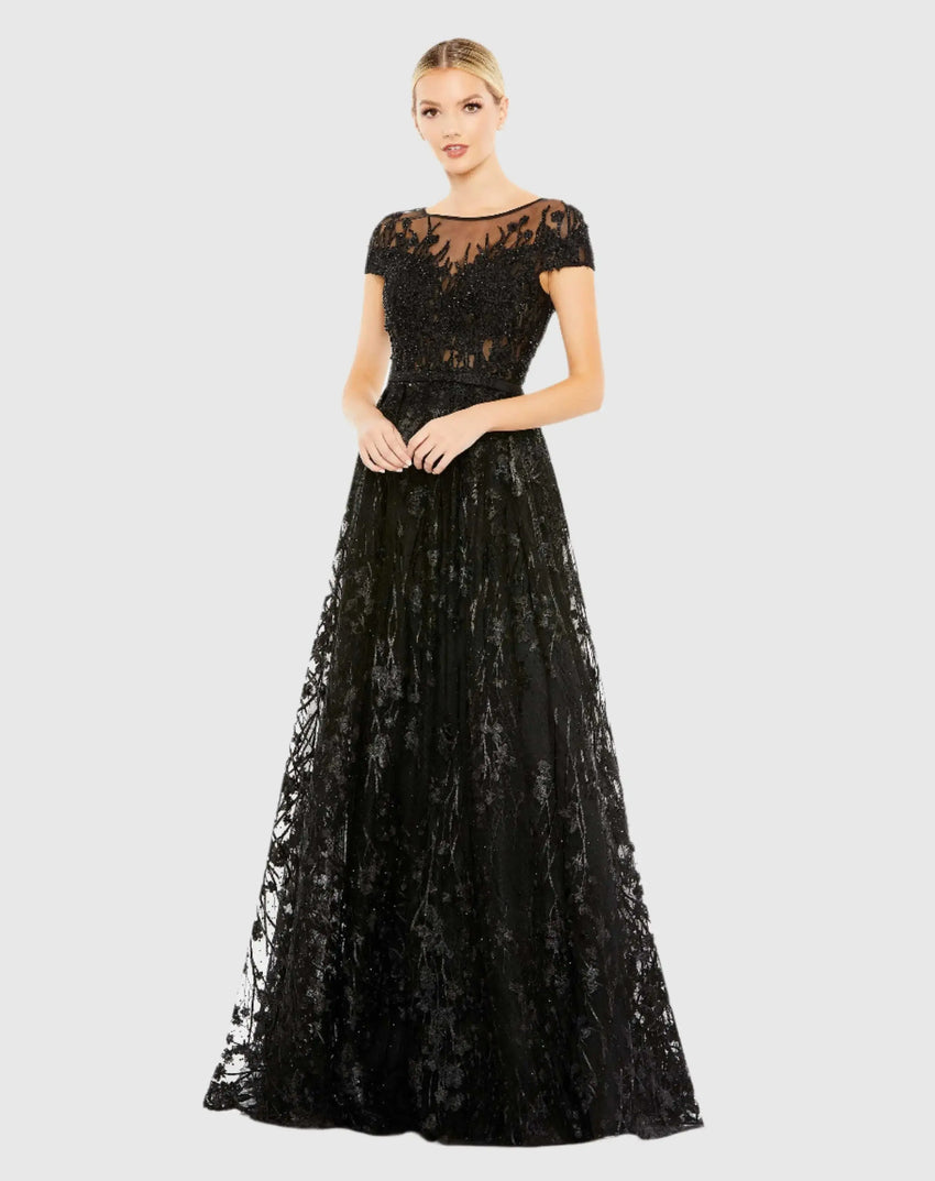 Black Embellished Floral Cap Sleeve A Line Gown