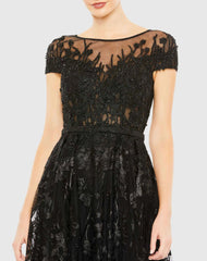 Black Embellished Floral Cap Sleeve A Line Gown