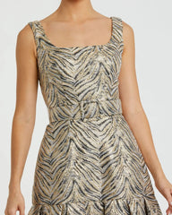 Gold Metallic Jacquard Gown with Square Neckline and Box Pleats
