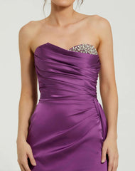 Purple Strapless Embellished Sweetheart Neckline Satin Gown