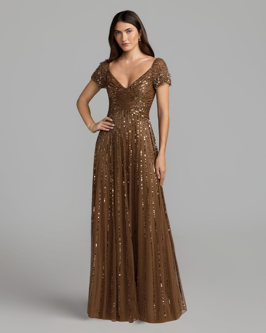 Chocolate Embellished V-Neck Cap Sleeve Gown