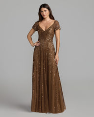 Chocolate Embellished V-Neck Cap Sleeve Gown