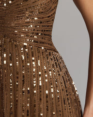 Chocolate Embellished V-Neck Cap Sleeve Gown