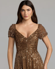 Chocolate Embellished V-Neck Cap Sleeve Gown