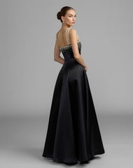 Black A-Line Pearl Embellished Satin Gown