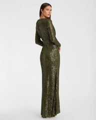 Olive Sequined Long Sleeve Gown
