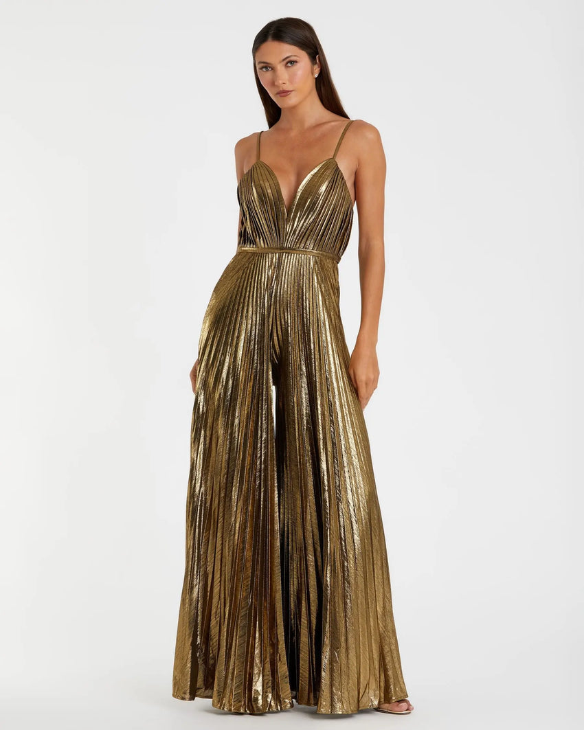 Gold Metallic Pleated V-Neck Jumpsuit