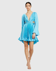 Pleated V-Neck Cutout Long Sleeve Mini Dress