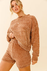 May Flowers Elasticated Chunky Knit Shorts Camel