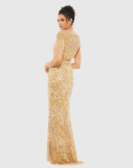 Gold Embellished Fringe Cap Sleeve Trumpet Gown
