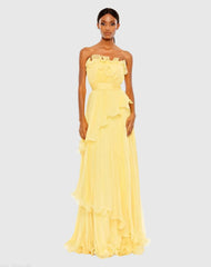 Yellow Pleated Tiered Ruffled Strapless Gown