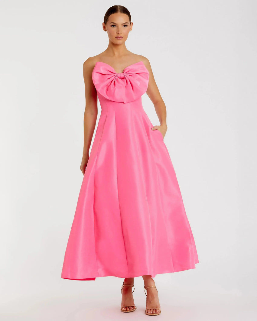 Pink Strapless A-Line Tea Length Statement Bow Dress
