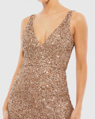 Brown Beaded Fringe Sequined Mini Dress