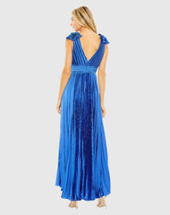 Blue Ruffle Top Sleeveless V Neck Pleated Gown