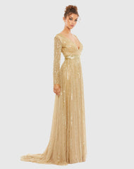 Gold Sequined V Neck Illusion Sleeve A Line Gown