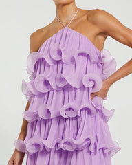 Purple Crinkle Chiffon Tiered Ruffle Mini Dress