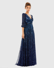 Navy Sequined Wrap Over 3/4 Sleeve Gown