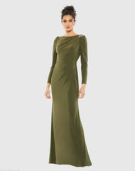 Olive Draped Bateau Long Sleeve Trumpet Gown