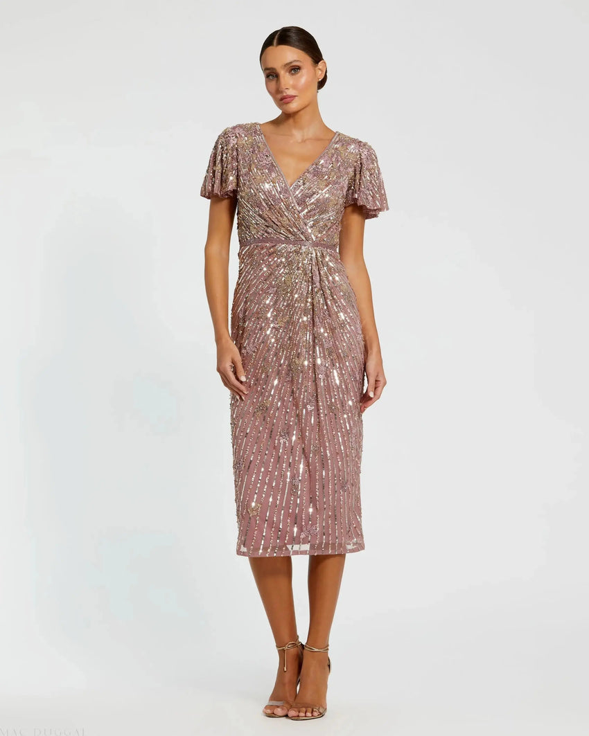 Embellished Faux Wrap Flutter Sleeve Dress