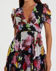 Black Floral Print Mesh Short Sleeve Gown