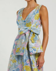 Blue Floral Brocade Sleeveless Midi Dress With Bow