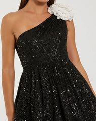 Black One Shoulder Sequin Mini Dress With 3D Flower
