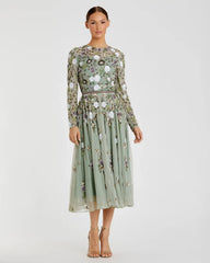 Green Sequined Floral Long Sleeve High Neck Midi Dress