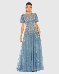 Blue High Neck Puff Sleeve Embellished A Line Gown