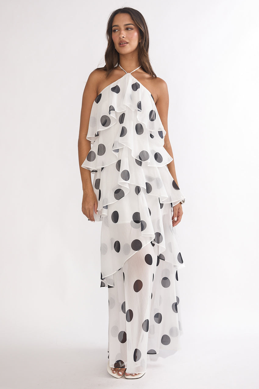 Darylyn Tiered Ruffle Maxi Dress Polka Dot White