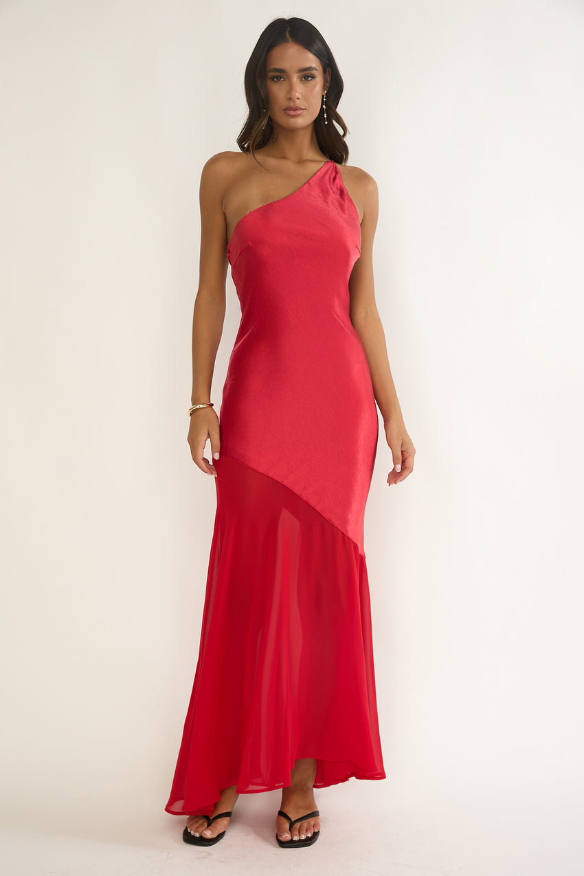 Mireya One-Shoulder Sheer Hem Maxi Dress Red