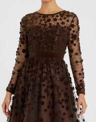 Brown Embellished Long Sleeve Velvet Trim A-Line Midi Dress