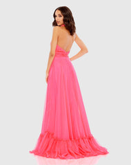 Pink High Neck Tiered Chiffon Halter Gown