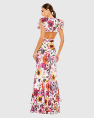 Multicolor Floral Print Ruffle Shoulder Cut Out Gown