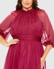 Purple High Neck Puff Sleeve Tiered A Line Gown (Plus)