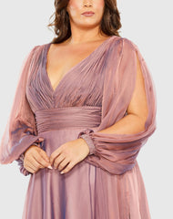 Pink Puff Sleeve w/ Embellished Cuff V Neck A Line Gown (Plus)