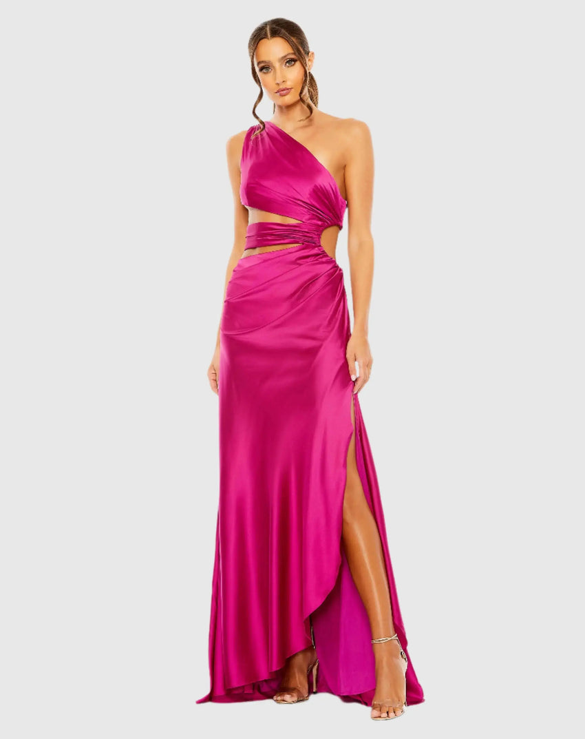 Pink Cut Out One Shoulder Satin Gown