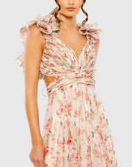 Pink Ruffle Tiered Cut-Out Chiffon Floral Gown